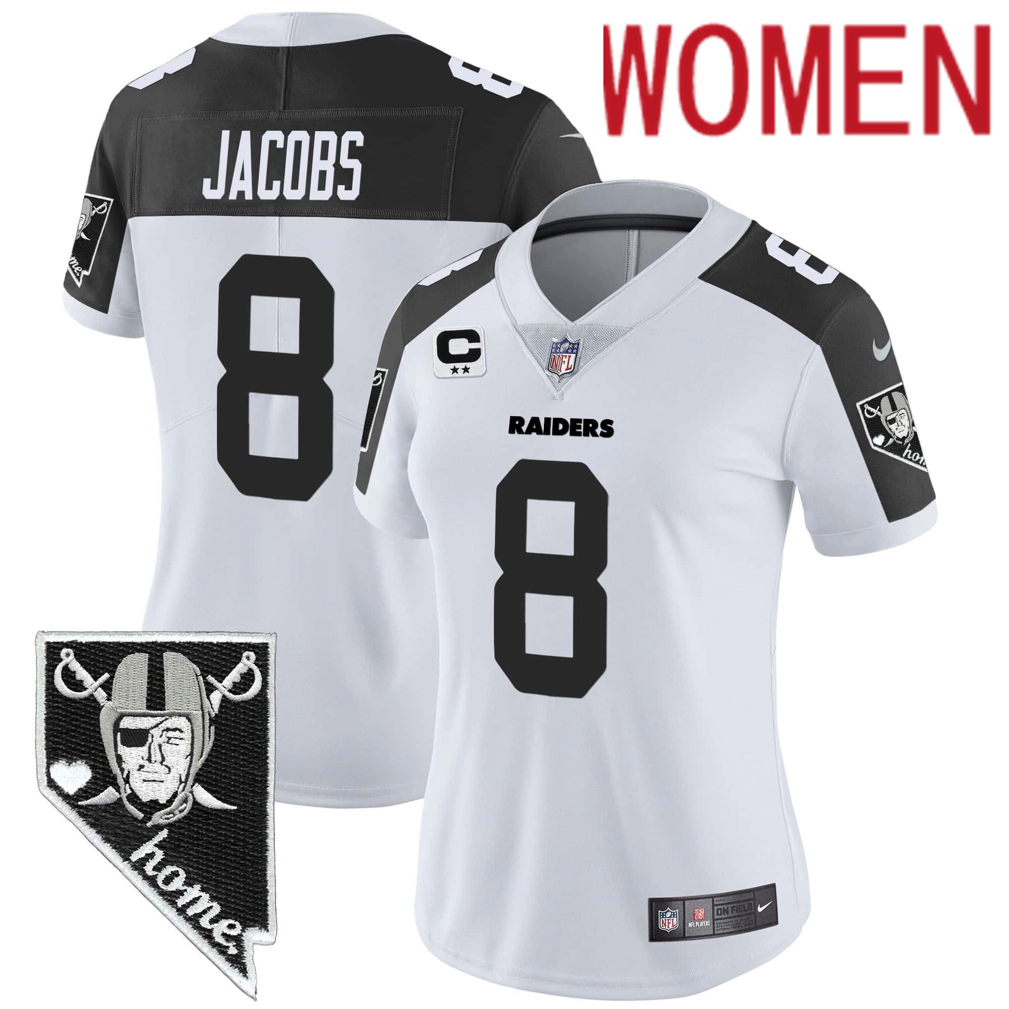Women Oakland Raiders 8 Jacobs White 2024 Nike Nevada Home Patch Vapor NFL Jersey style 1